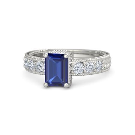 Emerald And Round Cut 2.10 Ct Sri Lanka Sapphire Diamonds Ring Gold - Gemstone Ring-harrychadent.ca