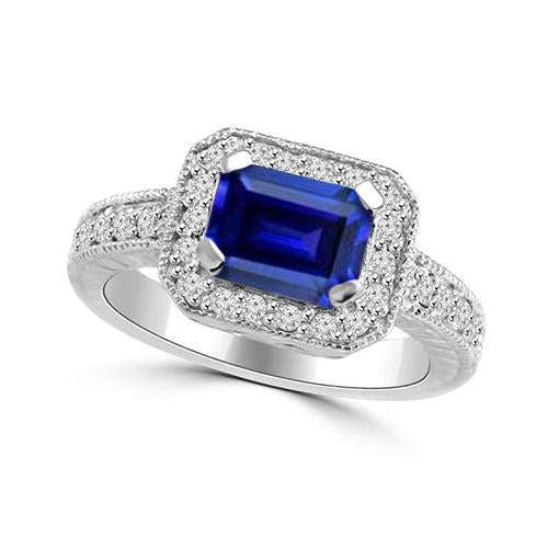 Emerald Cut Blue Sapphire Diamond Engagement Ring 2.20 Carats Gold 14K - Gemstone Ring-harrychadent.ca