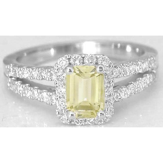 Emerald & Round Cut 4 Ct Yellow Sapphire Diamonds Ring White Gold 14K - Gemstone Ring-harrychadent.ca