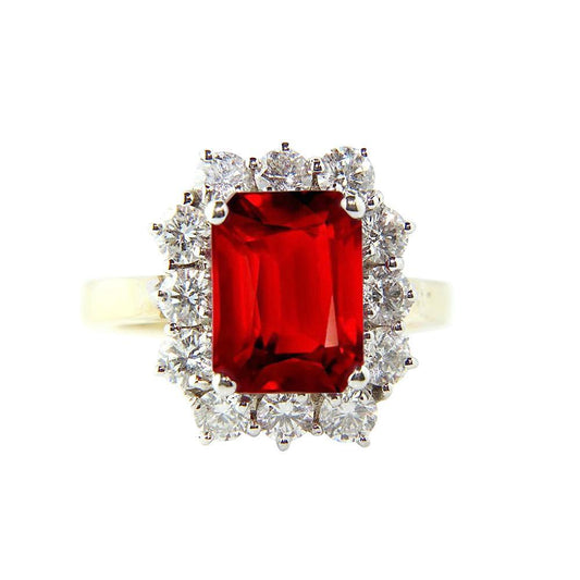 Emerald Shape Red Ruby With Round Diamonds Ring 7.45 Carats Gold - Gemstone Ring-harrychadent.ca