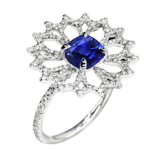 Flower Style Cushion And Round Diamond Blue Sapphire Ring 2.51 Ct. - Gemstone Ring-harrychadent.ca