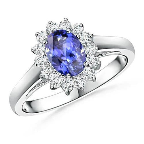 Flower Style Tanzanite With Diamonds 6.50 Carats Ring White Gold 14K - Gemstone Ring-harrychadent.ca