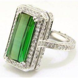 Green Tourmaline And Natural Earth Mined Diamonds 15.75 Ct Anniversary Ring White Gold 14K