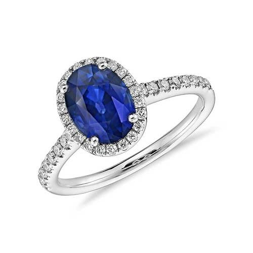 Halo Blue Sapphire And Diamond Engagement Ring 2.25 Carat Gold 14K - Gemstone Ring-harrychadent.ca