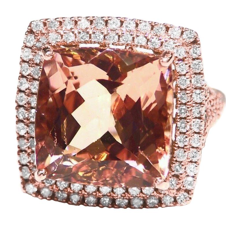 Halo Morganite 12.75 Carats Wedding Ring Prong Set Rose Gold 14K - Gemstone Ring-harrychadent.ca