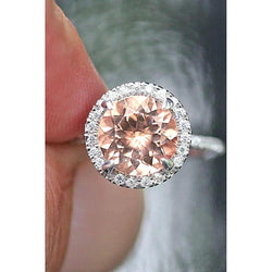 Halo Morganite And Natural Earth Mined Diamonds 15.50 Carats Ring White Gold 14K