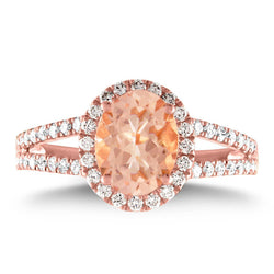 Halo Morganite And Natural Earth Mined Diamonds 21 Ct Ring Rose Gold 14K