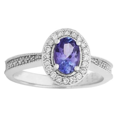 Halo Oval 10.25 Carats Tanzanite & Diamonds Ring White Gold 14K - Gemstone Ring-harrychadent.ca