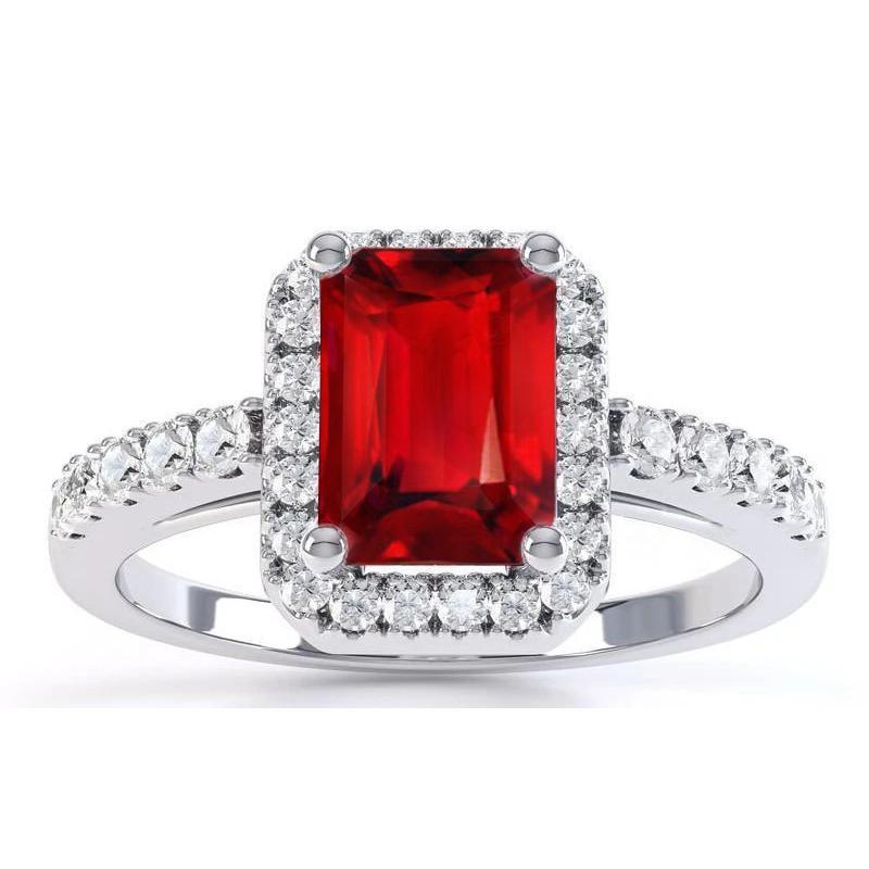 Halo Red Ruby With Diamonds 4.45 Carats Ring White Gold 14K New - Gemstone Ring-harrychadent.ca