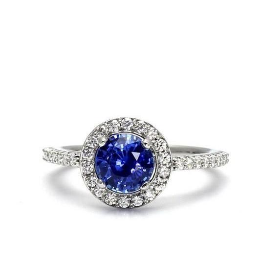 Halo Round 2.40 Carats Ceylon Sapphire Diamond Ring White Gold 14K - Gemstone Ring-harrychadent.ca