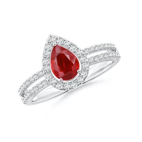 Halo Ruby And Diamonds 4 Carats Engagement Ring Gold 14K - Gemstone Ring-harrychadent.ca