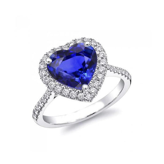 Heart Ceylon Sapphire Round Diamonds Ring 4 Ct White Gold 14K - Gemstone Ring-harrychadent.ca