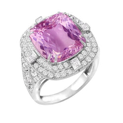 Kunzite And Natural Earth Mined Diamonds 13.50 Carats Wedding Ring Gold White 14K