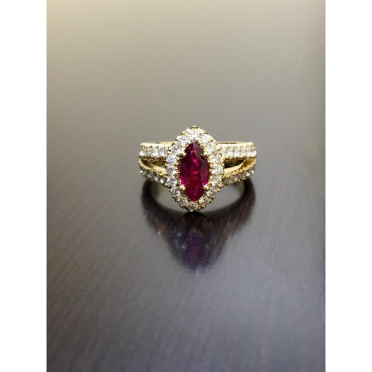 Marquise Red Ruby And Diamond Wedding Ring 3.25 Carats Yellow Gold 14K - Gemstone Ring-harrychadent.ca