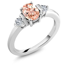 Morganite And Natural Earth Mined Diamonds 9 Carats 3 Stone Wedding Ring White Gold 14K