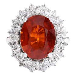 Natural Mandarin Garnet With Diamonds 12.25 Ct Ring White Gold 14K