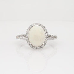 Opal And Natural Earth Mined Diamonds 11.20 Carats Anniversary Ring 14K White Gold