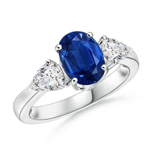 Oval And Pear Cut 3.50 Ct Sapphire And Diamonds Ring White Gold 14K - Gemstone Ring-harrychadent.ca