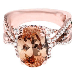 Oval And Round 9.25 Ct Morganite With Natural Earth Mined Diamonds Ring Gold 14K
