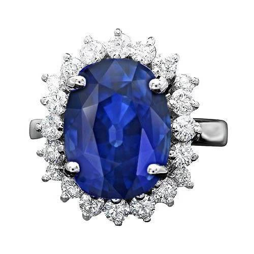 Oval And Round Cut Ceylon Sapphire 8.01 Carat Diamonds Ring WG 14K - Gemstone Ring-harrychadent.ca