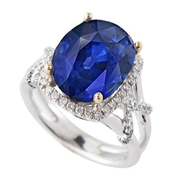 Oval Blue Sapphire And Round Cut Diamonds Gemstone Ring 7.81 Carat - Gemstone Ring-harrychadent.ca