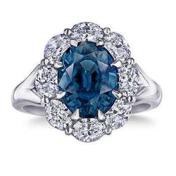 Oval Blue Sapphire Halo Natural Earth Mined Diamond Wedding Ring 3.30 Ct. White Gold 14K