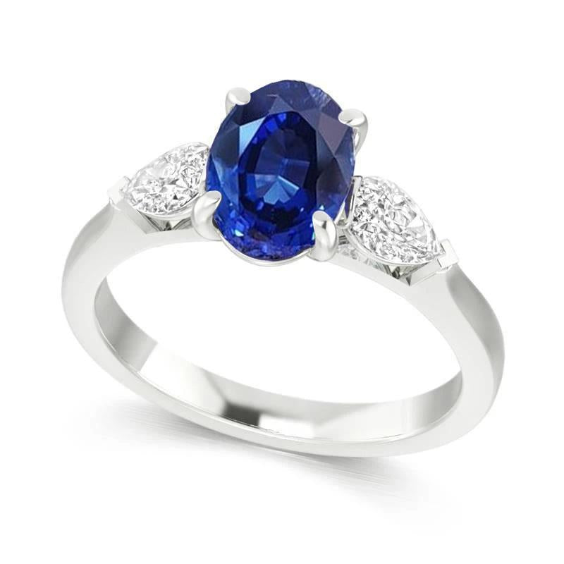 Oval Ceylon Sapphire And Pear Diamond Three Stone Ring Gold 14K 3 Ct - Gemstone Ring-harrychadent.ca