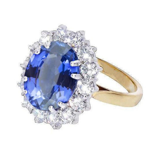 Oval Ceylon Sapphire Diamonds 8.51 Ct Ring Two Tone White Gold 14K - Gemstone Ring-harrychadent.ca