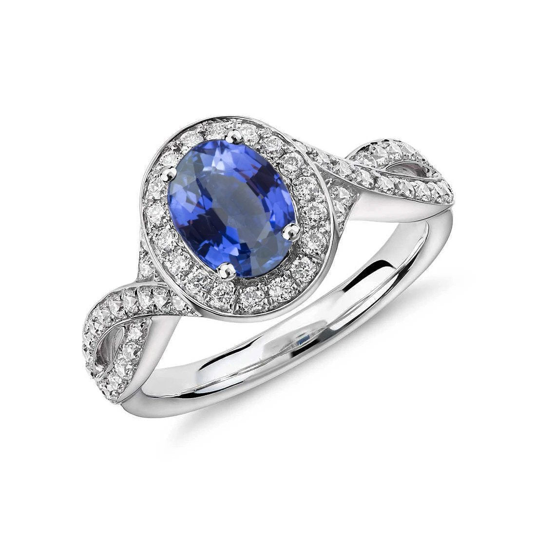 Oval Ceylon Sapphire & Round Diamond Ring 1.55 Carat White Gold 14K - Gemstone Ring-harrychadent.ca