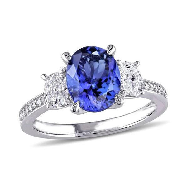 Oval Cut 4.50 Ct. Tanzanite With Diamonds 3 Stone Style Ring 14K - Gemstone Ring-harrychadent.ca