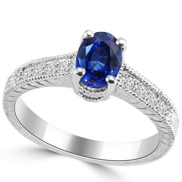 Oval Cut Blue Sapphire With Diamond Ring 1.85 Carats White Gold 14K - Gemstone Ring-harrychadent.ca