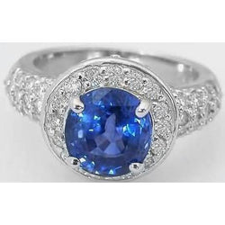 Oval Cut Ceylon Sapphire With Round Natural Earth Mined Diamonds 4 Ct Ring White