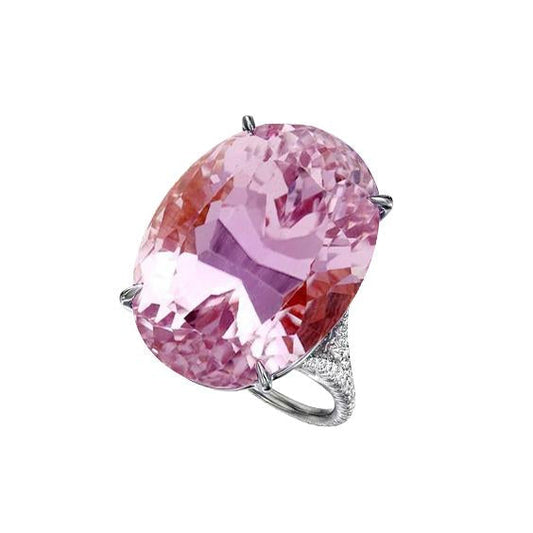 Oval Cut Pink Kunzite Diamond Gemstone Ring 20.50 Ct White Gold 14K - Gemstone Ring-harrychadent.ca