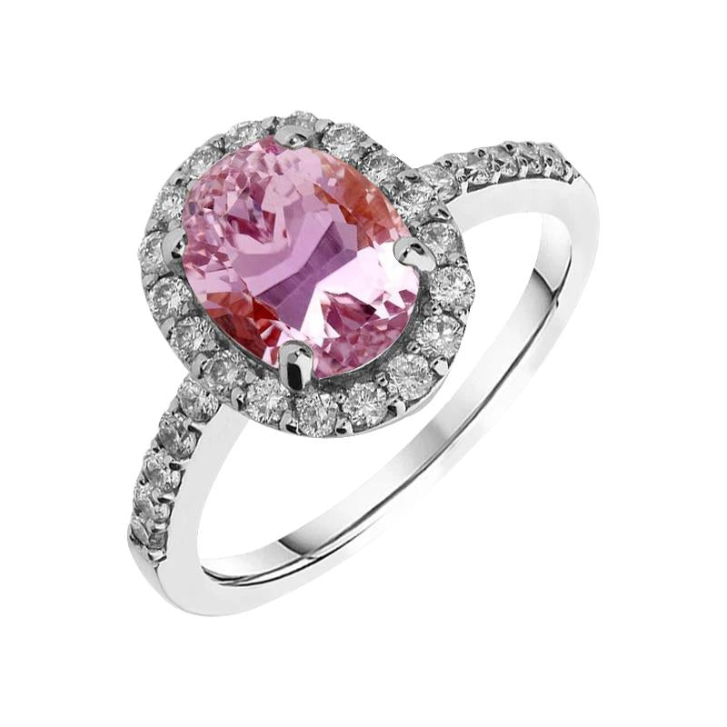 Oval Cut Pink Kunzite With Diamond Ring 13 Ct White Gold 14K - Gemstone Ring-harrychadent.ca