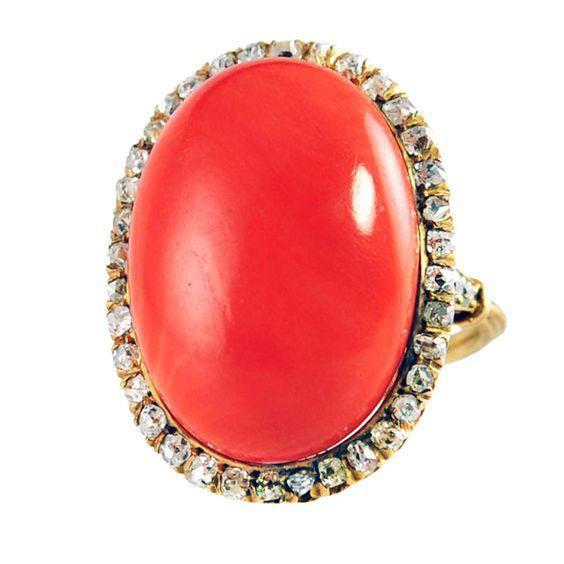 Oval Cut Red Coral And Round Diamonds 14 Ct Ring Yellow Gold 14K - Gemstone Ring-harrychadent.ca