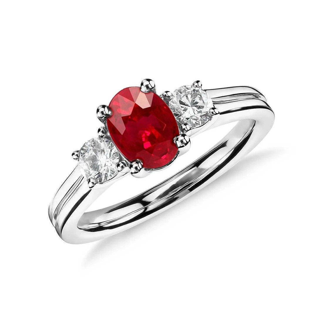 Oval Cut Red Ruby And Diamond Three Stone Ring Gold 14K 1.80 Carats - Gemstone Ring-harrychadent.ca