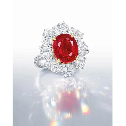 Oval Cut Red Ruby With Round Diamond Ring 4.50 Carats Gold 14K - Gemstone Ring-harrychadent.ca