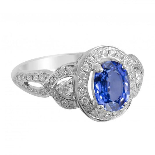 Oval Cut Sri Lanka Sapphire And Diamond Ring White Gold 14K 3 Ct - Gemstone Ring-harrychadent.ca