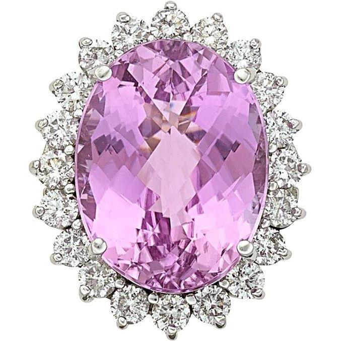 Oval Pink Natural Kunzite Diamond Wedding Ring 26 Ct. White Gold 14K - Gemstone Ring-harrychadent.ca