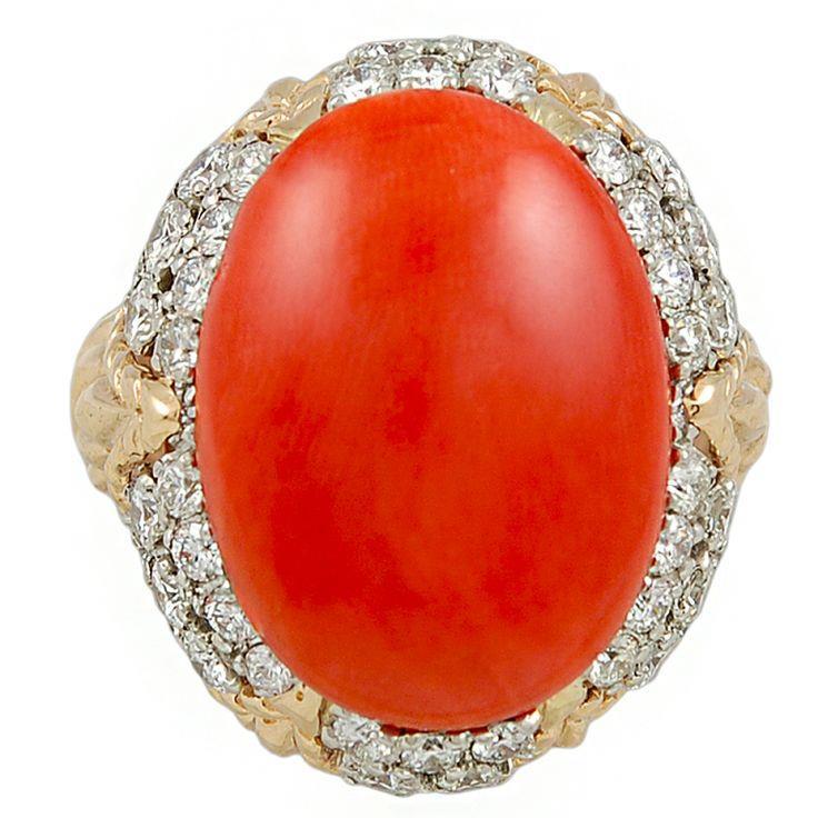 Oval Red Coral With Diamonds 11.20 Ct Wedding Ring 14K Yellow Gold 14K - Gemstone Ring-harrychadent.ca