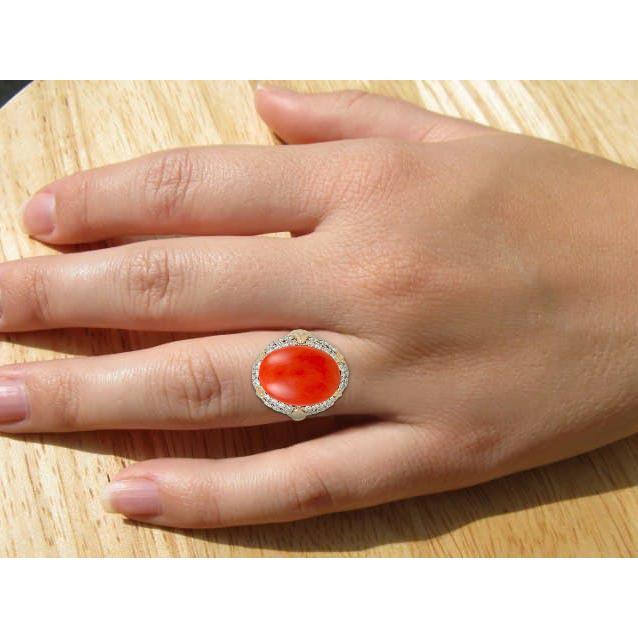 Oval Red Coral With Diamonds 11.20 Ct Wedding Ring 14K Yellow Gold 14K - Gemstone Ring-harrychadent.ca