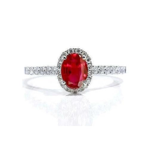 Oval Ruby Diamond Ring Lady Halo Jewelry White Gold 14K 3.70 Ct. - Gemstone Ring-harrychadent.ca