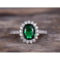 Oval Shape Green Emerald And Natural Earth Mined Diamond Ring White Gold 14K 5.75 Ct