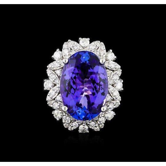 Oval Tanzanite And Diamonds 7 Carats Ring White Gold 14K - Gemstone Ring-harrychadent.ca