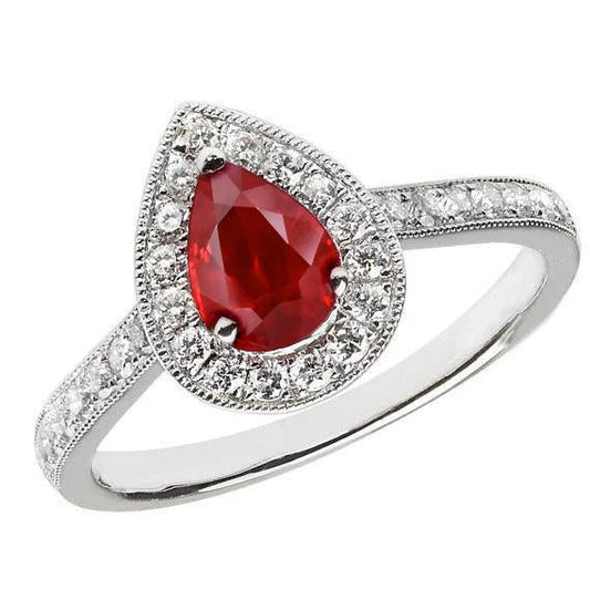 Pear Cut Ruby & Round Diamond 3 Carats Wedding Ring Gold White 14K - Gemstone Ring-harrychadent.ca