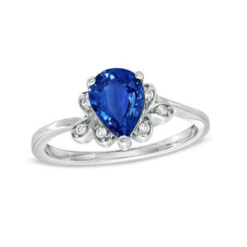 Pear Cut Sri Lankan Sapphire Diamonds 1.80 Ct Ring White Gold 14K - Gemstone Ring-harrychadent.ca