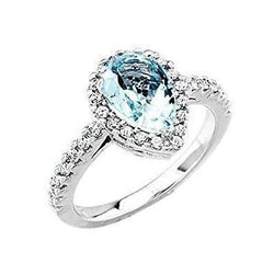 Pear Shape Aquamarine And Diamonds 14 Ct Wedding Ring White Gold 14K