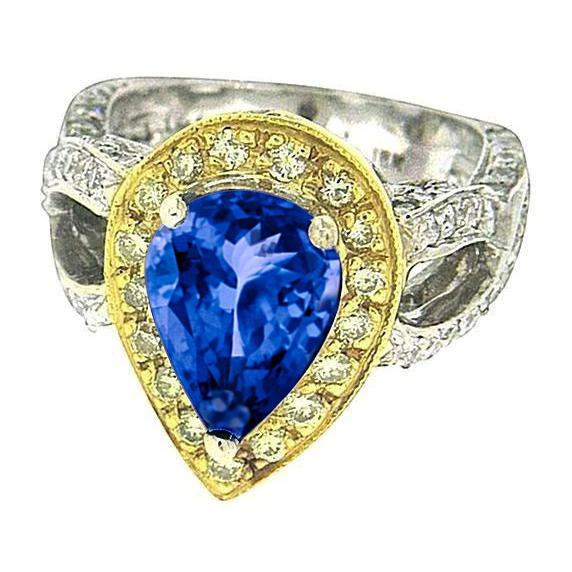 Pear Tanzanite And Diamonds 4.51 Ct Antique Style Ring Two Tone Gold - Gemstone Ring-harrychadent.ca