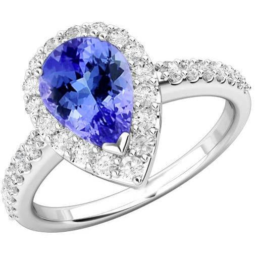 Pear Tanzanite With Round Diamonds 3.95 Carats Ring 14K White Gold - Gemstone Ring-harrychadent.ca