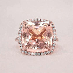 Pink Cushion Morganite Diamond Wedding Ring 22.50 Carats Rose Gold 14K